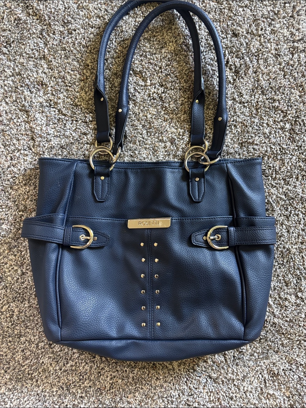 Rosetti Navy Pebbled Shoulder Tote with Gold Accents